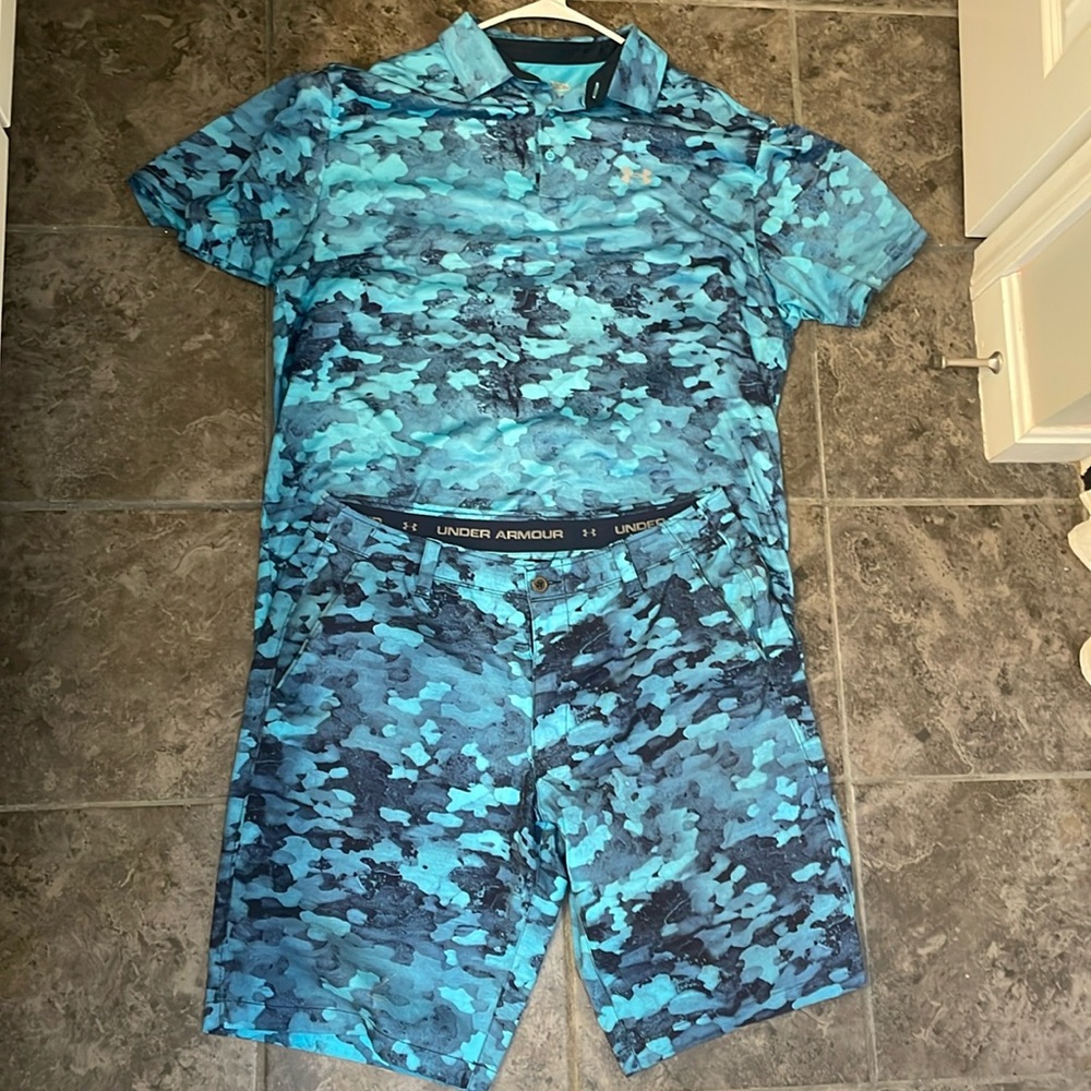 Under Armour Blue Camo Golf Shirt and Shorts Set